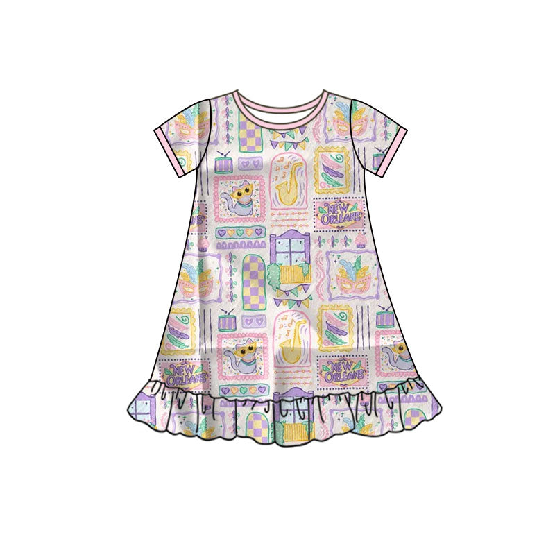 10.13 GSD2901 Pre order No Moq Baby Girls Mardigras Anchors Masks Checked Ruffle Knee Length Dresses
