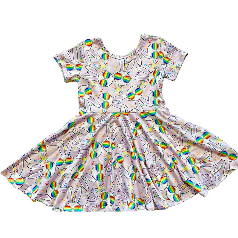 10.13 GSD2905 Pre order No Moq Baby Girls Short Sleeve Rabbits Stars Easter Knee Length Dresses