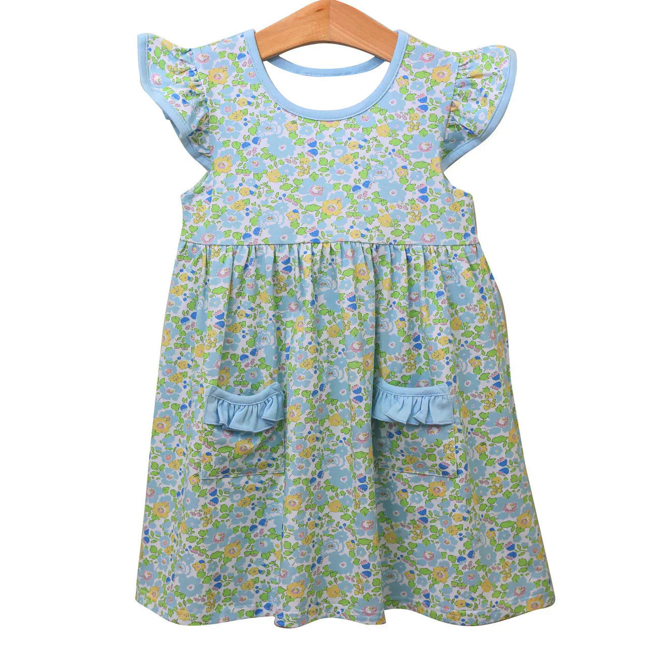 10.14 GSD2910 Pre order No Moq Baby Girls Green Flutter Sleeve Floral Pockets Knee Length Dresses