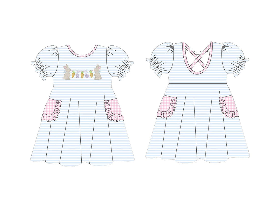 10.14 GSD2912 Pre order No Moq Baby Girls Blue Stripe Rabbits Carrots Easter Pockets Knee Length Dresses