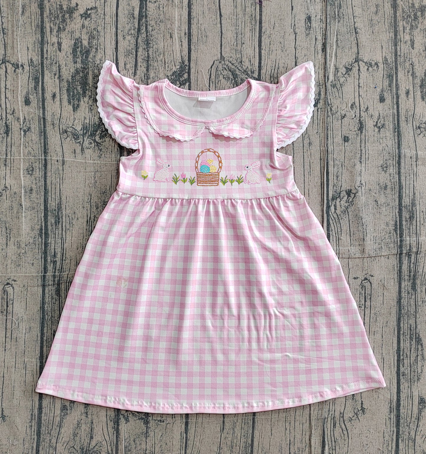 3.9 GSD2913 Sample No Moq Baby Girls Embroidery Rabbits Eggs Pink Checked Easter Knee Length Dresses