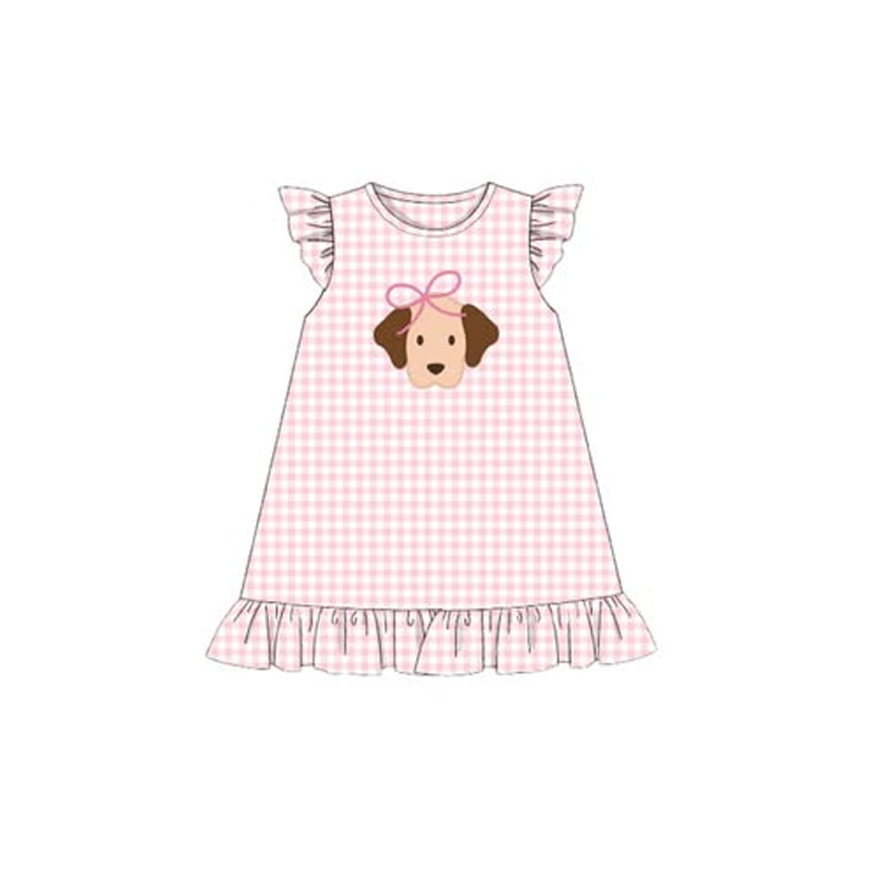 10.14 GSD2914 Pre order No Moq Baby Girls Pink Checked Flutter Sleeve Bow Dogs Ruffle Knee Length Dresses