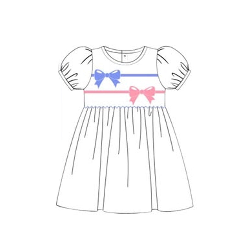10.14 GSD2915 Pre order No Moq Baby Girls Blue Pink Bows Ruffle Sleeve Knee Length Dresses