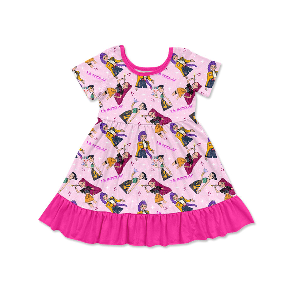 10.15 GSD2917 Pre order No Moq Baby Girls Short Sleeve Cartoon Girls Ruffle Knee Length Dresses