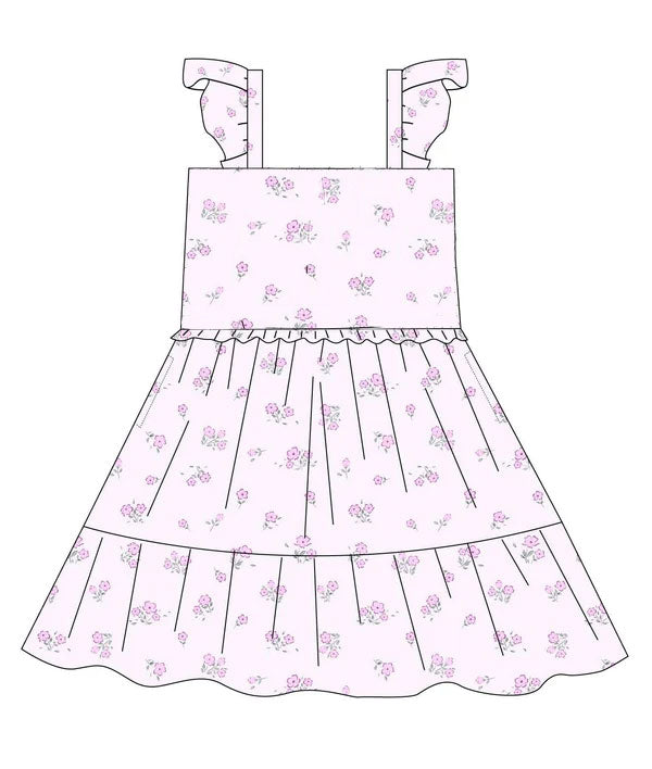 10.22 GSD2931 Pre order No Moq Baby Girls Pink Flutter Sleeve Flowers Patchwork Knee Length Dresses