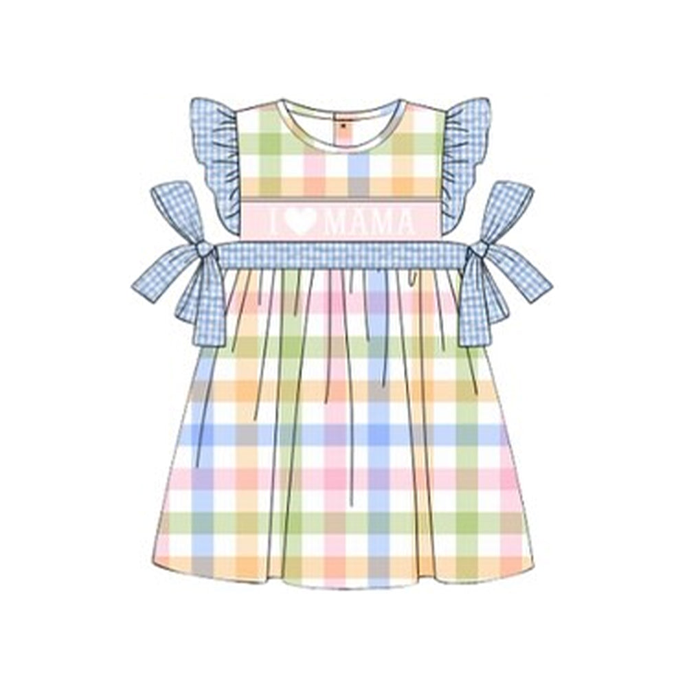 10.23 (Pre Order) No moq GSD2940 PRE-ORDER Baby Girls Colorful Checked I Love Mama Bows Knee Length Dresses