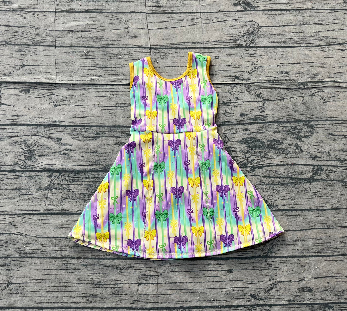 11.18 GSD2948 Sample No Moq Yoga fabric Baby Girls Mardigras Bows Stripe Yoga Shorts Knee Length Dresses