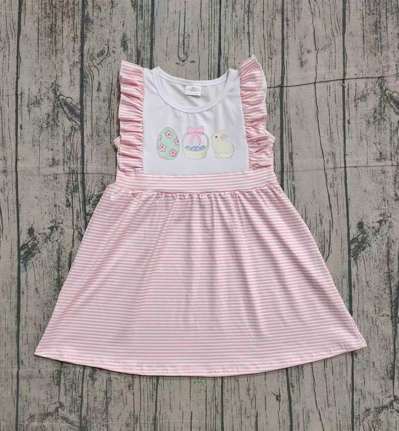 12.3 GSD2957 Sample No Moq Embroidery Rabbit Eggs Baby Girls Pink Stripe Easter Knee Length Dresses