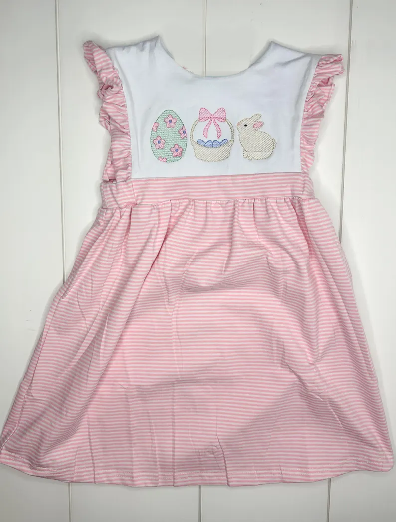 10.23 (Pre Order) No moq GSD2957 PRE-ORDER Baby Girls Sleeveless Rabbit Eggs Easter Stripe Knee Length Dresses