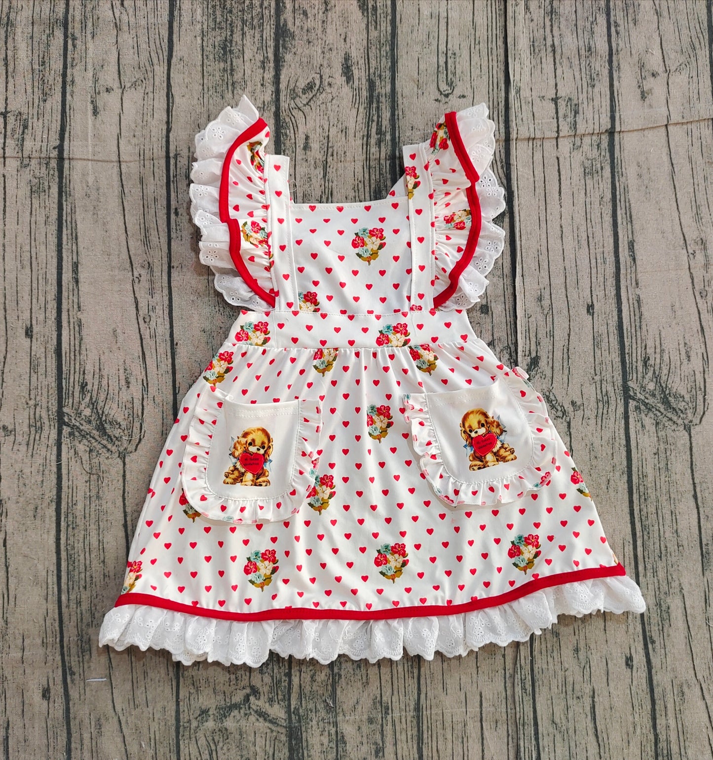 11.20 GSD2963 Sample No Moq Baby Girls Hearts Dogs Flowers Valentine Pockets Knee length Dresses
