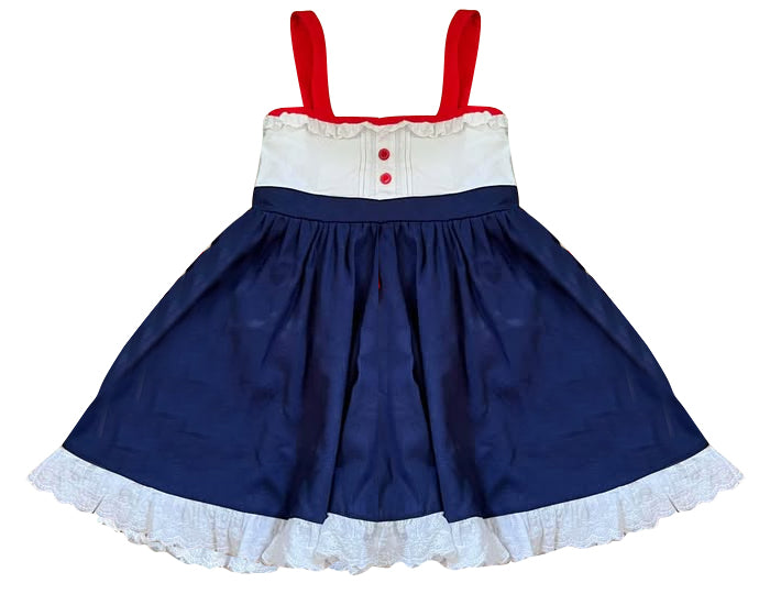 10.27 GSD2967 Pre Order No moq Baby Girls Strap Button July 4th Ruffle Knee length Dresses