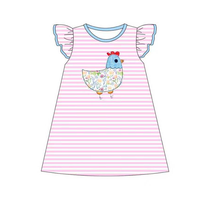 10.28 GSD2972 Pre Order No moq Baby Girls Pink Stripe Floral Chick Farm Knee length Dresses
