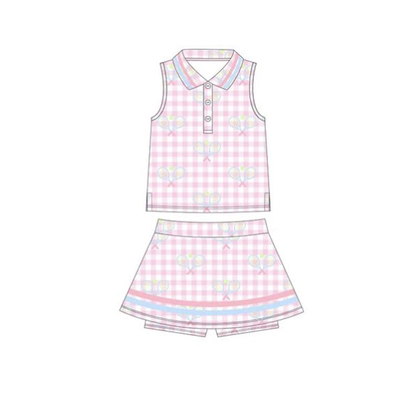 10.28 GSD2975 Pre order No Moq Yoga fabric Baby Girls Pink Checked Tennis Button Top Skirt Shorts Yoga Clothes Set