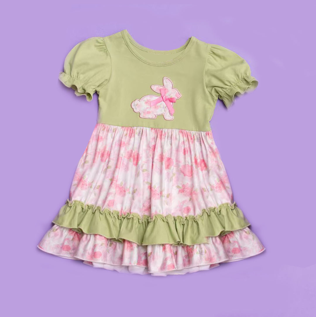 10.31 GSD2996 Pre order No Moq Baby Girls Pink Bows Flowers Rabbits Easter Ruffle Knee length Dresses