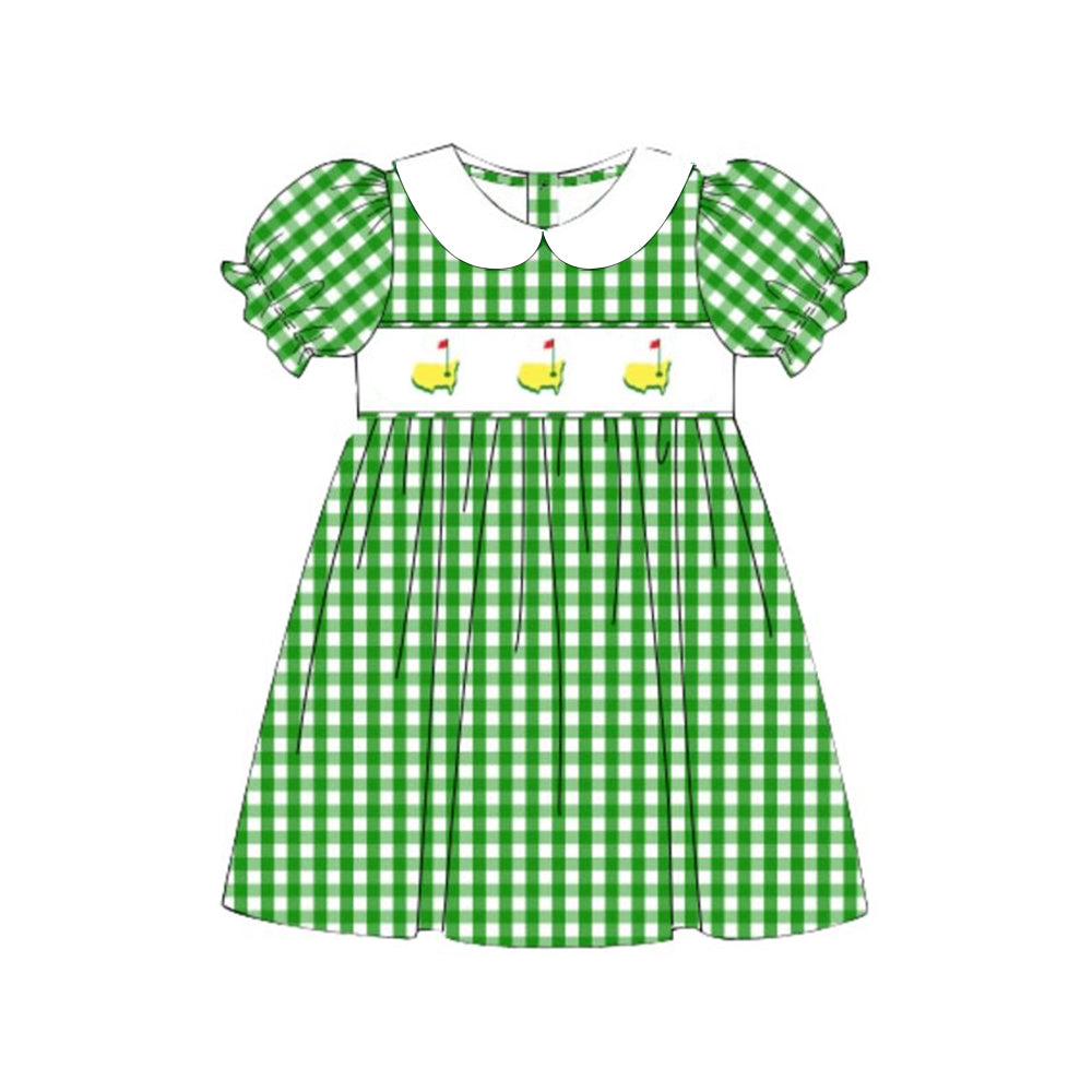 10.31 GSD2998 Pre order No Moq Baby Girls Green Checked Golf Flags Collar Knee length Dresses