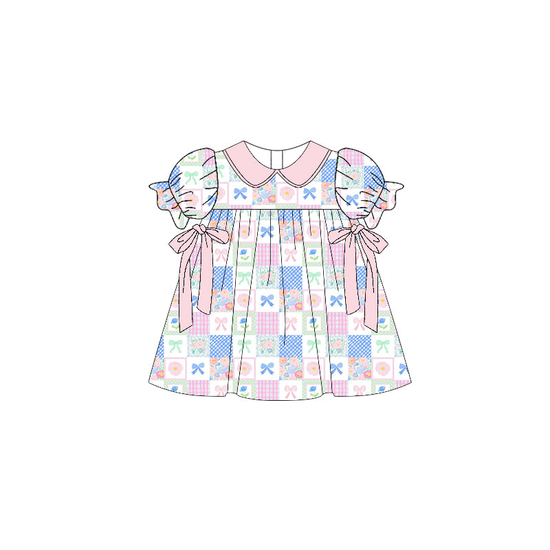 10.31 GSD3001 Pre order No Moq Baby Girls Flowers Bows Checked Bows Collar Knee length Dresses