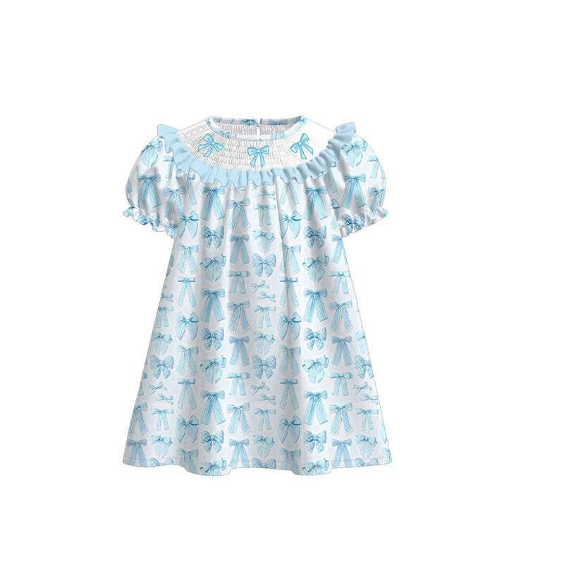 11.5 GSD3043 Pre order No Moq Baby Girls Blue Bows Plaid Ruffle Sleeve Knee Length Dresses