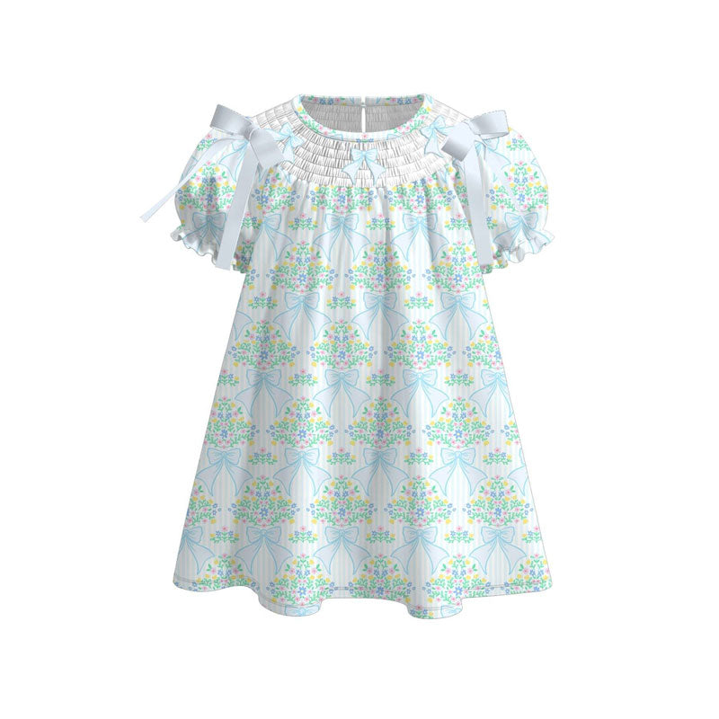 11.5 GSD3046 Pre order No Moq Baby Girls Green Flowers Bows Ruffle Sleeve Knee Length Dresses