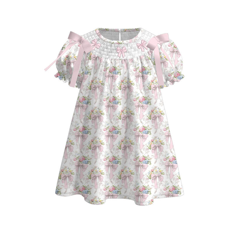 11.5 GSD3047 Pre order No Moq Baby Girls Pink Flowers Bows Ruffle Sleeve Knee Length Dresses