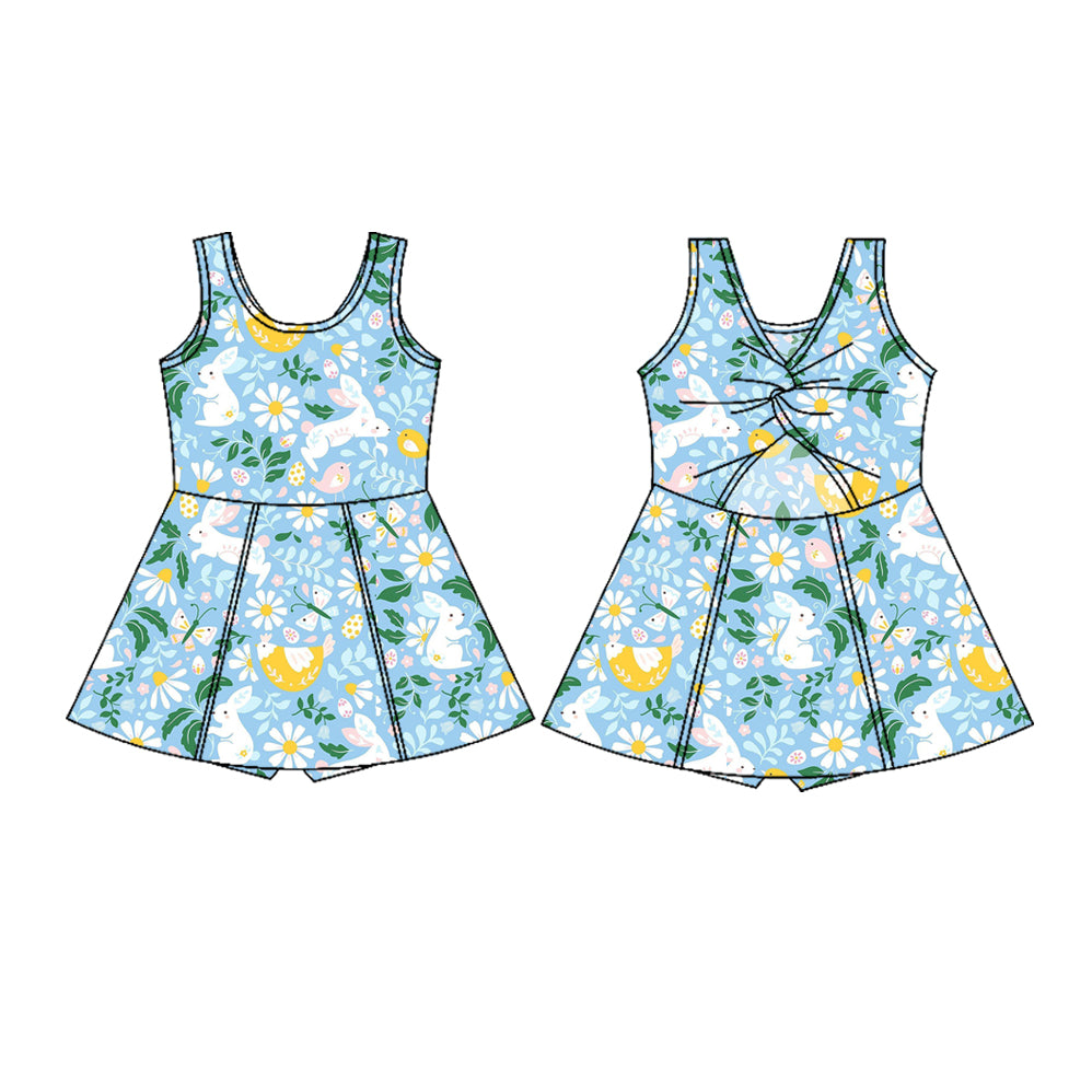 11.6 GSD3048 Pre order No Moq Yoga fabric Baby Girls Sleeveless Floral Rabbits Easter Yoga Shorts Knee Length Dresses