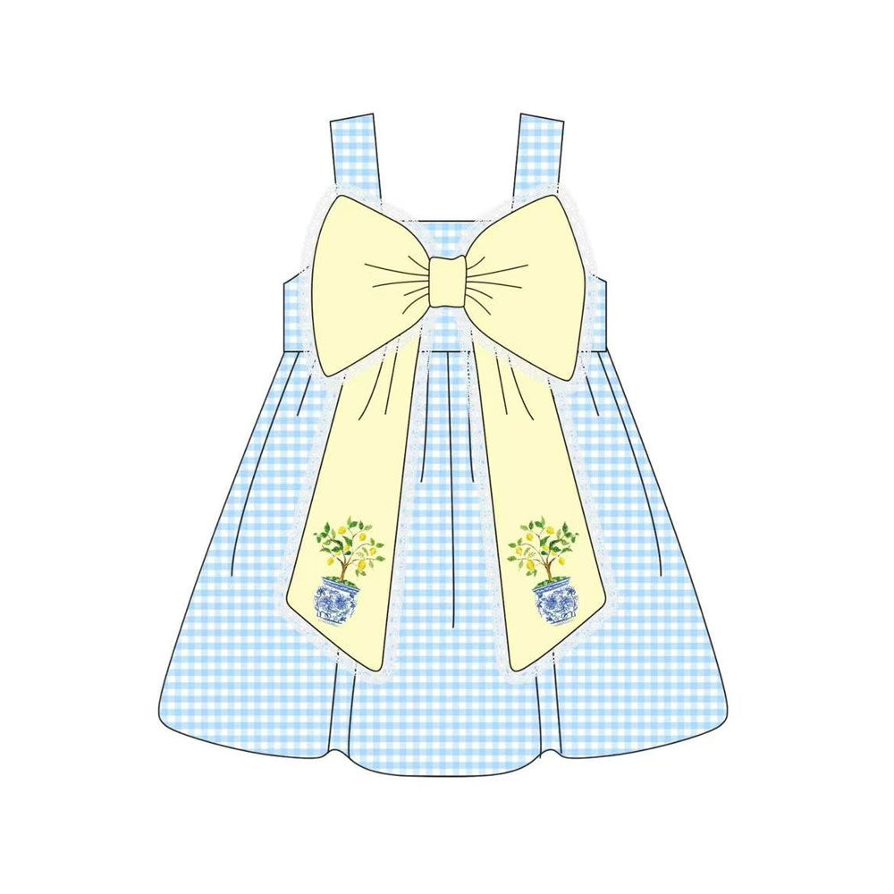 11.7 GSD3063 Pre order No Moq Baby Girls Blue Checked Strap Flowers Bows Knee Length Dresses
