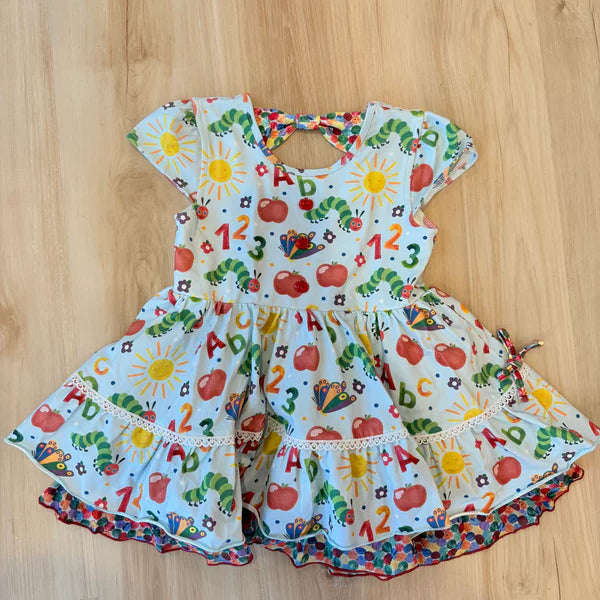 11.7 GSD3065 Pre order No Moq Baby Girls Apples Caterpillar Back to School Ruffle Knee Length Dresses