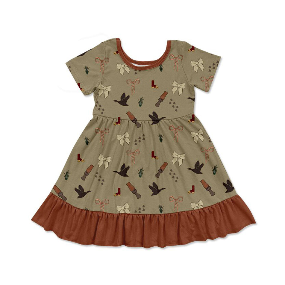 11.7 GSD3066 Pre order No Moq Baby Girls Ducks Calls Bows Hunting Ruffle Knee Length Dresses