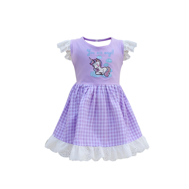 11.8 GSD3077 Pre order No Moq Baby Girls Horse You Are Angels Purple Checked Ruffle Knee Length Dress
