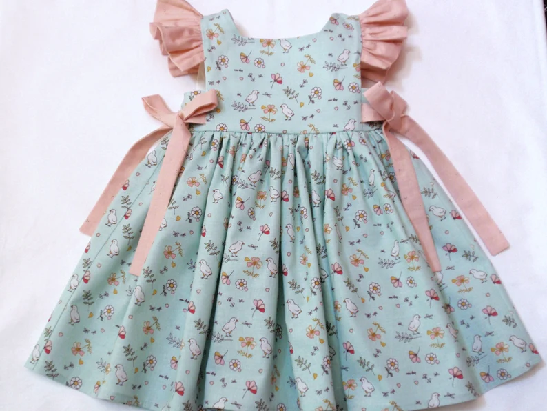 11.8 GSD3083 Pre order No Moq Baby Girls Flutter Sleeve Flowers Birds Bows Knee Length Dress