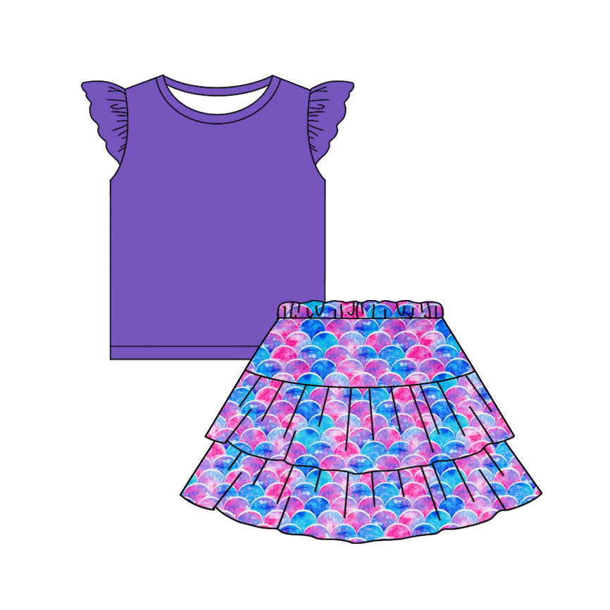 11.11 GSD3091 Pre order No Moq Baby Girls Purple Flutter Sleeve Mermaid Skirts Clothes Sets