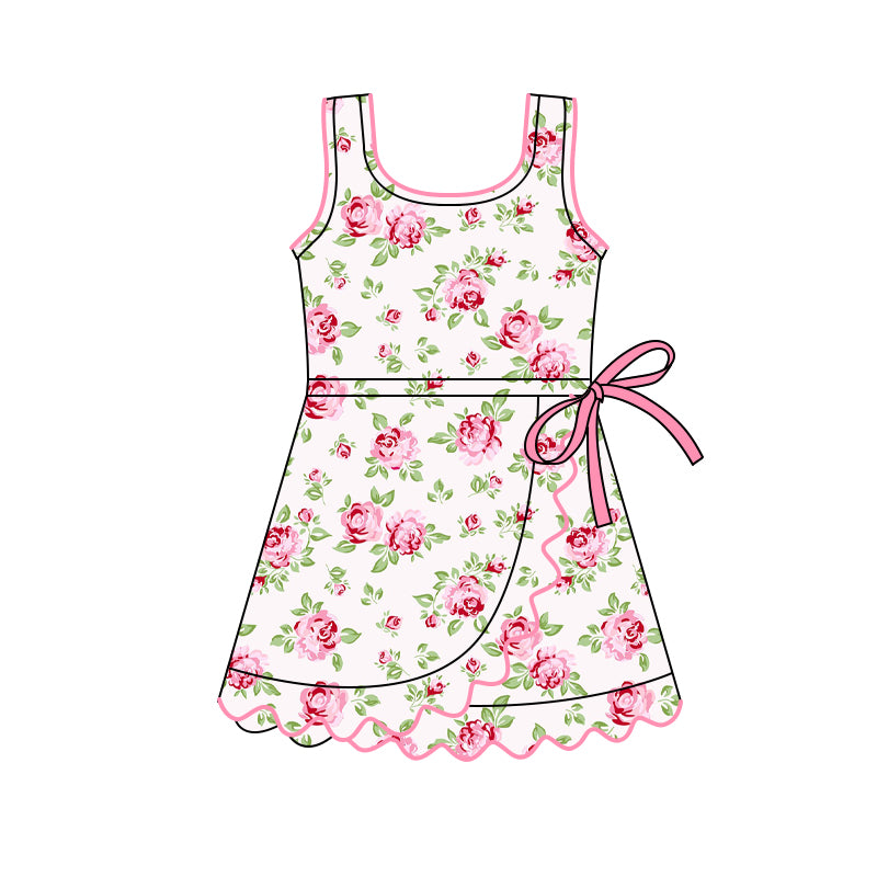 11.12 GSD3093 Pre order No Moq Yoga fabric Baby Girls Sleeveless Pink Flowers Shorts Yoga Ruffle Knee Length Dresses