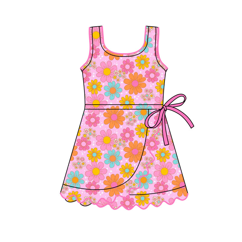 11.12 GSD3094 Pre order No Moq Yoga fabric Baby Girls Sleeveless Colorful Flowers Shorts Yoga Ruffle Knee Length Dresses