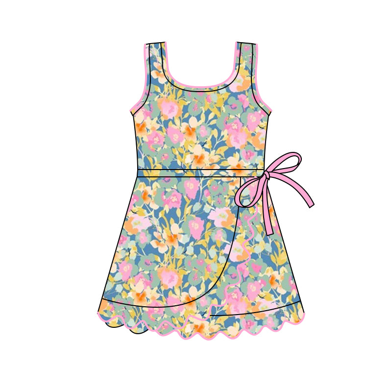 11.12 GSD3096 Pre order No Moq Yoga fabric Baby Girls Sleeveless Colorful Flowers Shorts Yoga Ruffle Knee Length Dresses