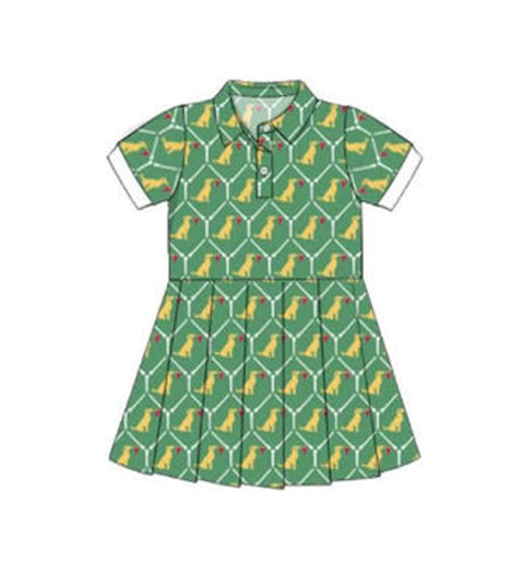 11.12 GSD3100 Pre order No Moq Yoga fabric Baby Girls Short Sleeve Dogs Checked Button Yoga Knee Length Dresses