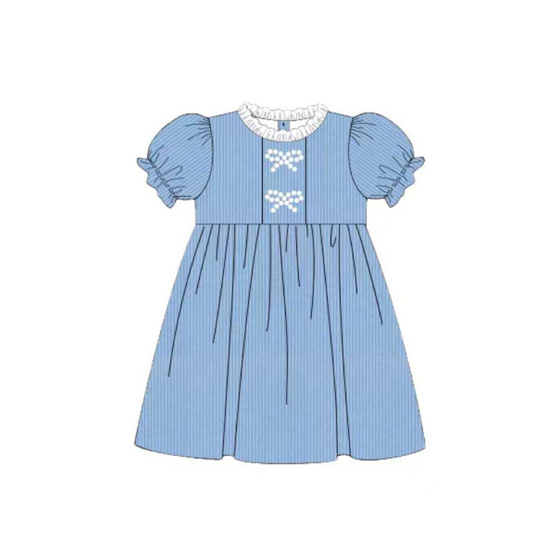 11.12 GSD3102 Pre order No Moq Baby Girls Blue Short Ruffle Sleeve Bows Knee Length Dresses