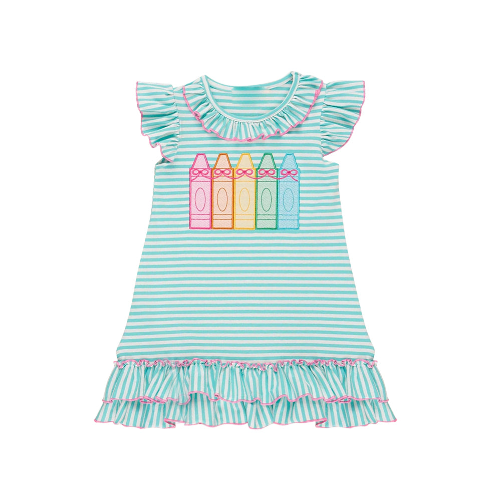 11.12 GSD3104 Pre order No Moq Baby Girls Stripe Bows Pencils Back to School Ruffle Knee Length Dresses