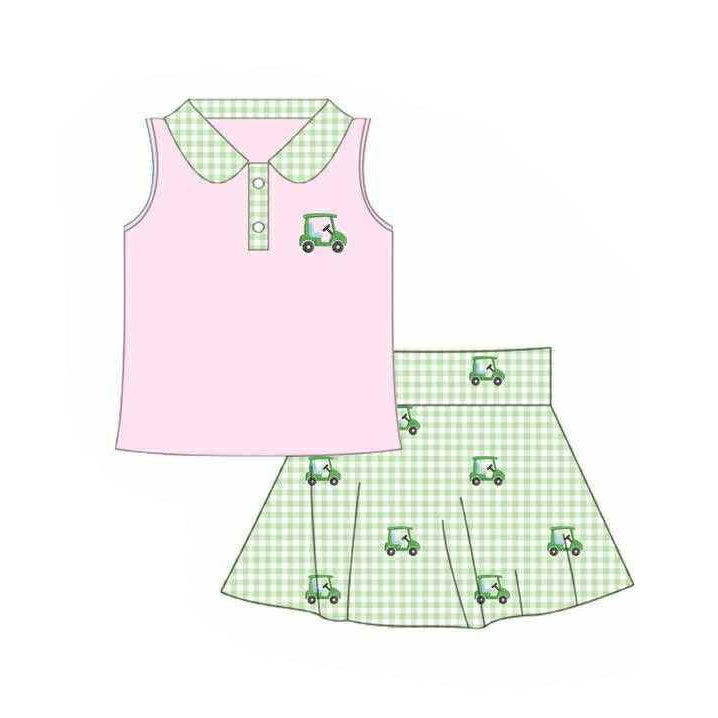 11.14 GSD3120 Pre order No Moq Baby Girls Pink Golf Trucks Button Top Checked Skirt Shorts Clothes Sets
