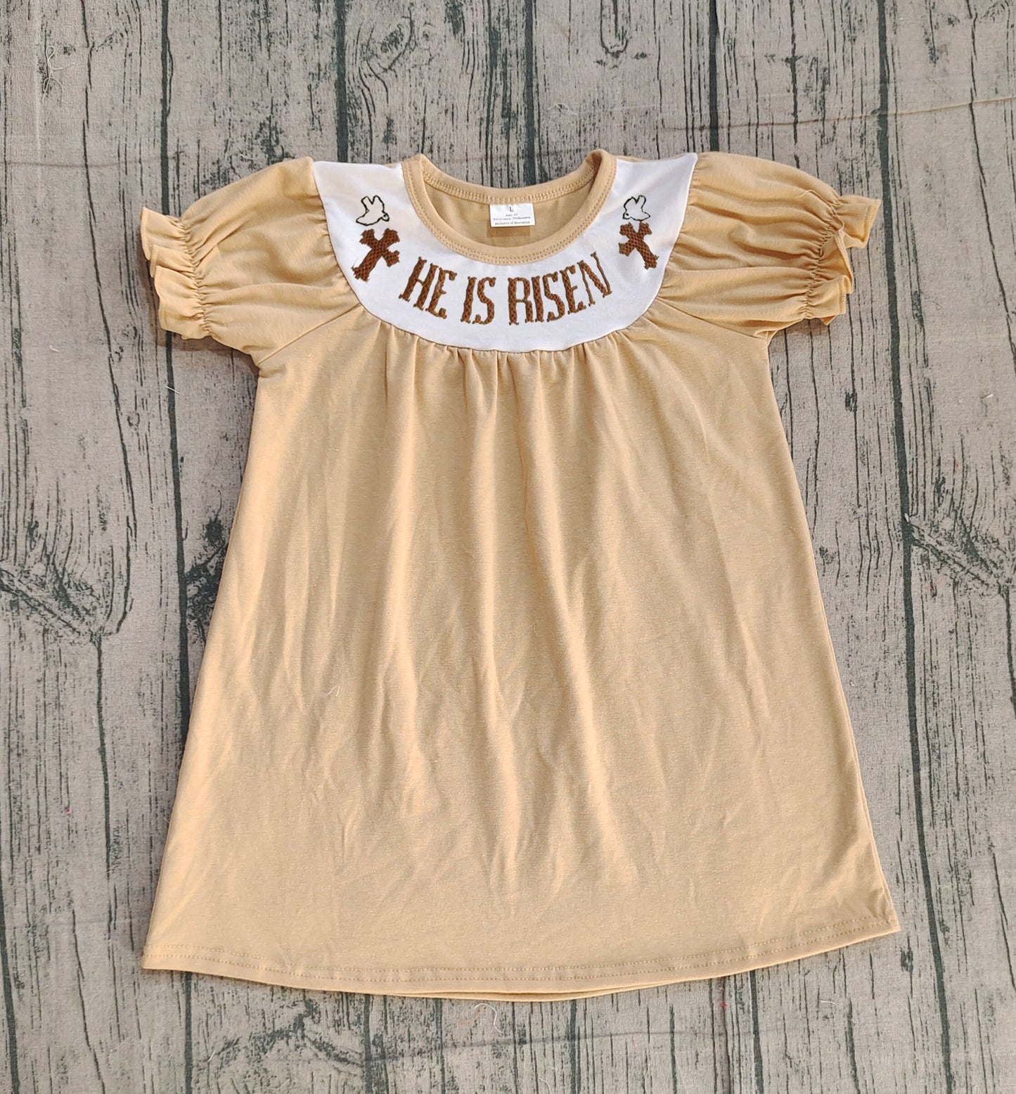 11.29 GSD3123 Sample No Moq Embroidery Crosses He is Risen Baby Girls Khaki Easter Knee Length Dresses