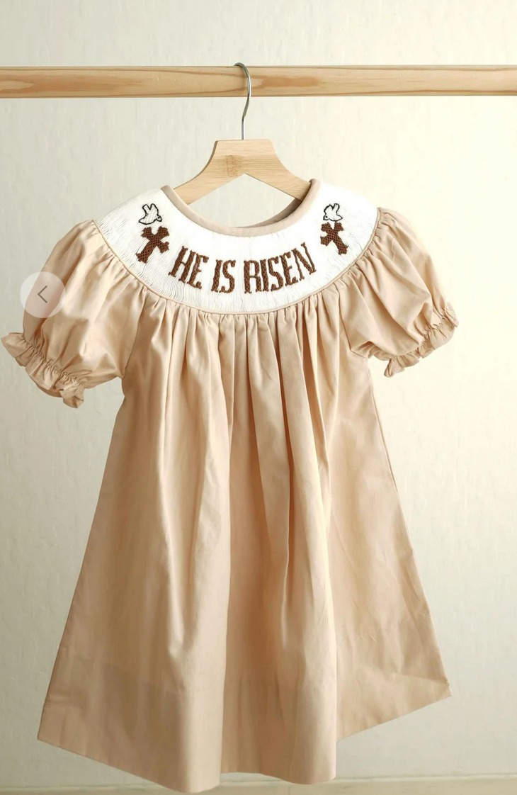 11.14 GSD3123 Pre order No Moq Baby Girls Khaki Crosses He is Risen Easter Knee Length Dresses