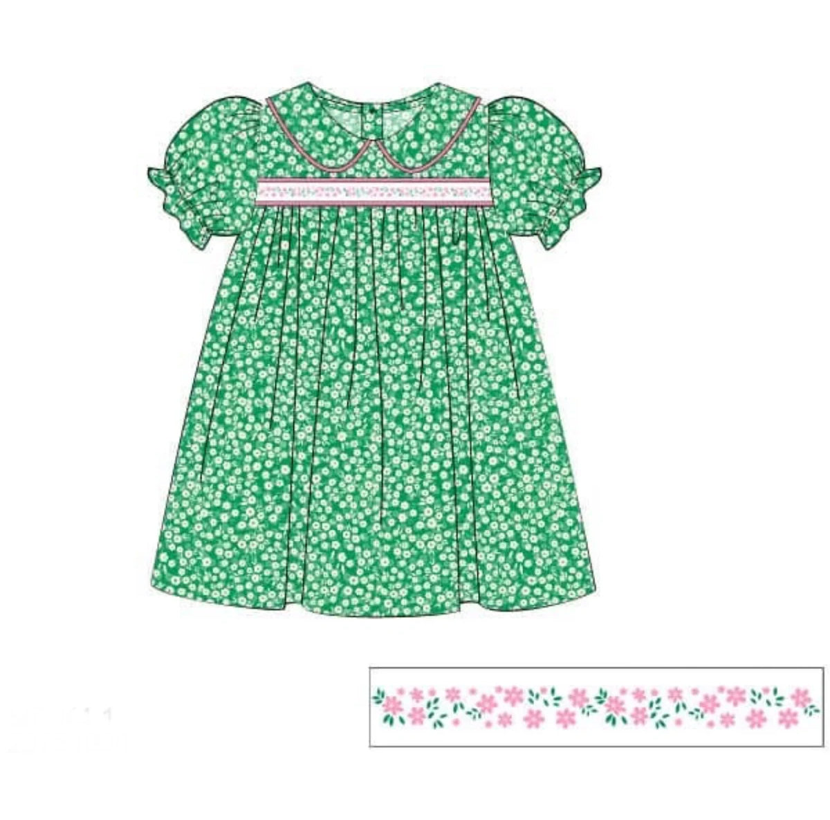 11.15 GSD3124 Pre order No Moq Baby Girls Green Pink Floral Collar Knee Length Dresses