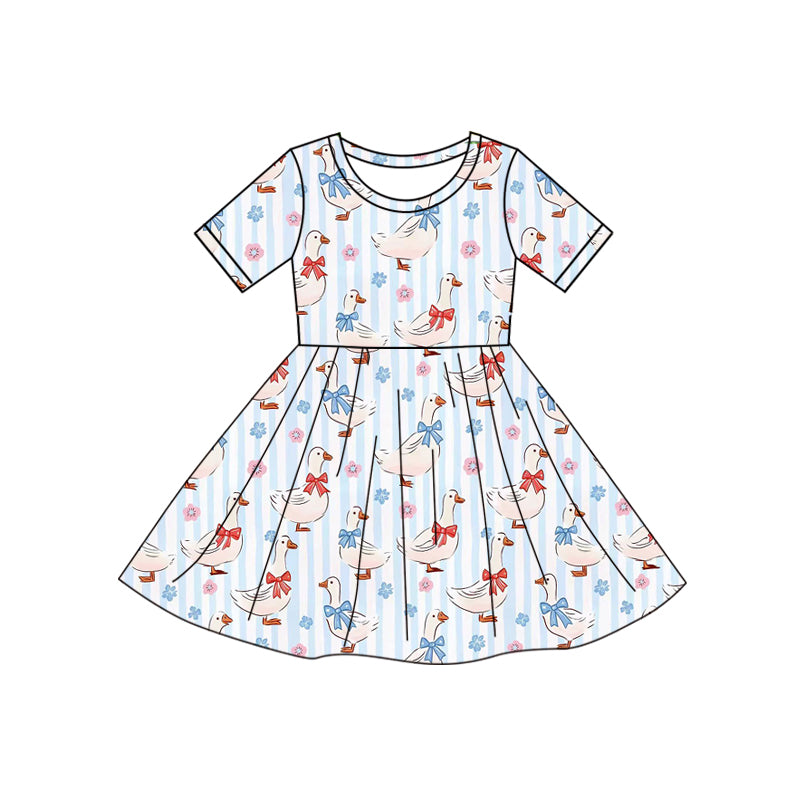 11.18 GSD3138 Pre order No Moq Baby Girls Blue Stripe Flowers Bows Gooses Knee Length Dresses
