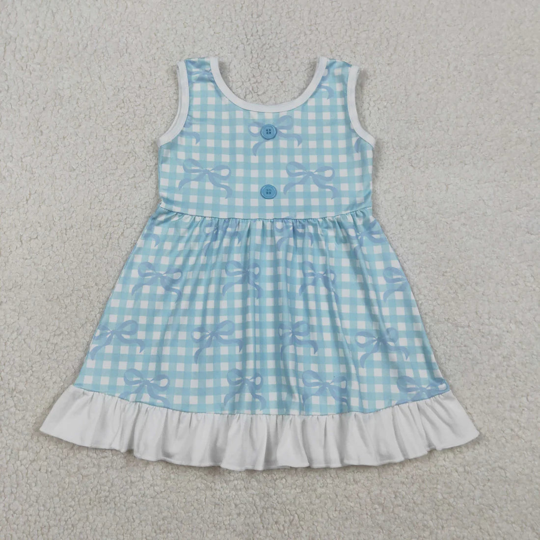 1.7 RST Sibling Baby Girls Sleeveless Bows Checked Button Ruffle Knee Length Dresses