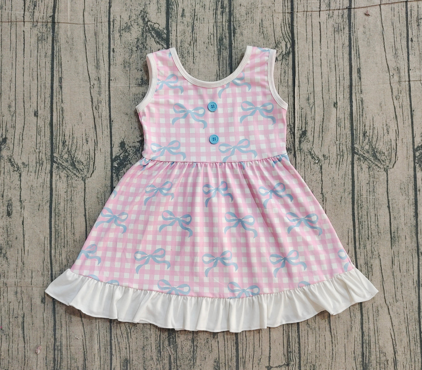 12.12 GSD3145 Pre order No Moq Baby Girls Pink Checked Bows Sleeveless Ruffle Knee Length Dresses