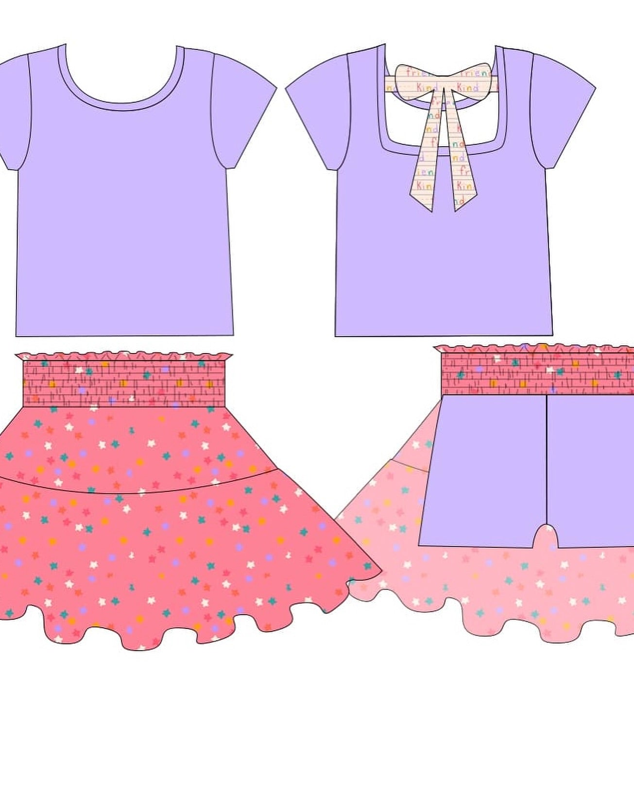 11.19 GSD3147 Pre order No Moq Baby Girls Purple Back Bows Top Stars Skirt Shorts Clothes Sets