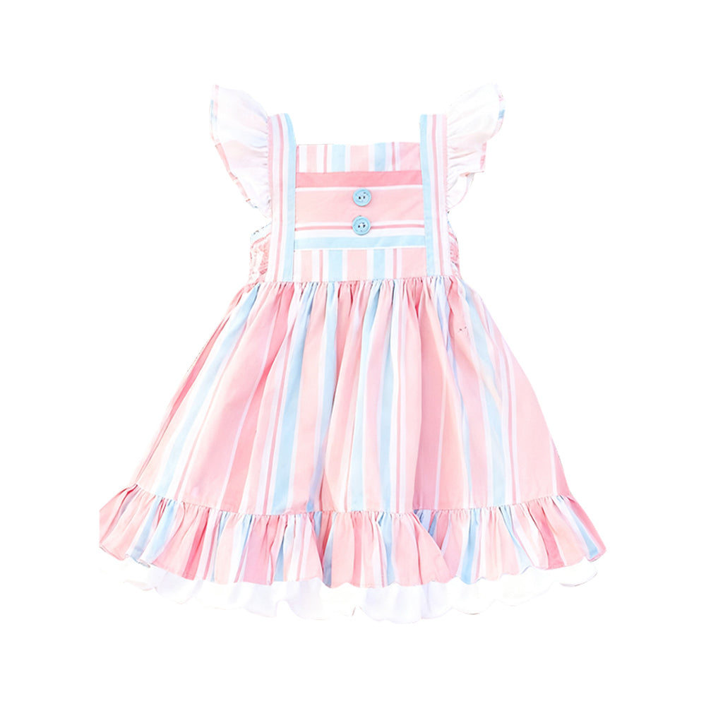 11.19 GSD3149 Pre order No Moq Baby Girls Flutter Sleeve Stripes Button Ruffle Knee Length Dresses