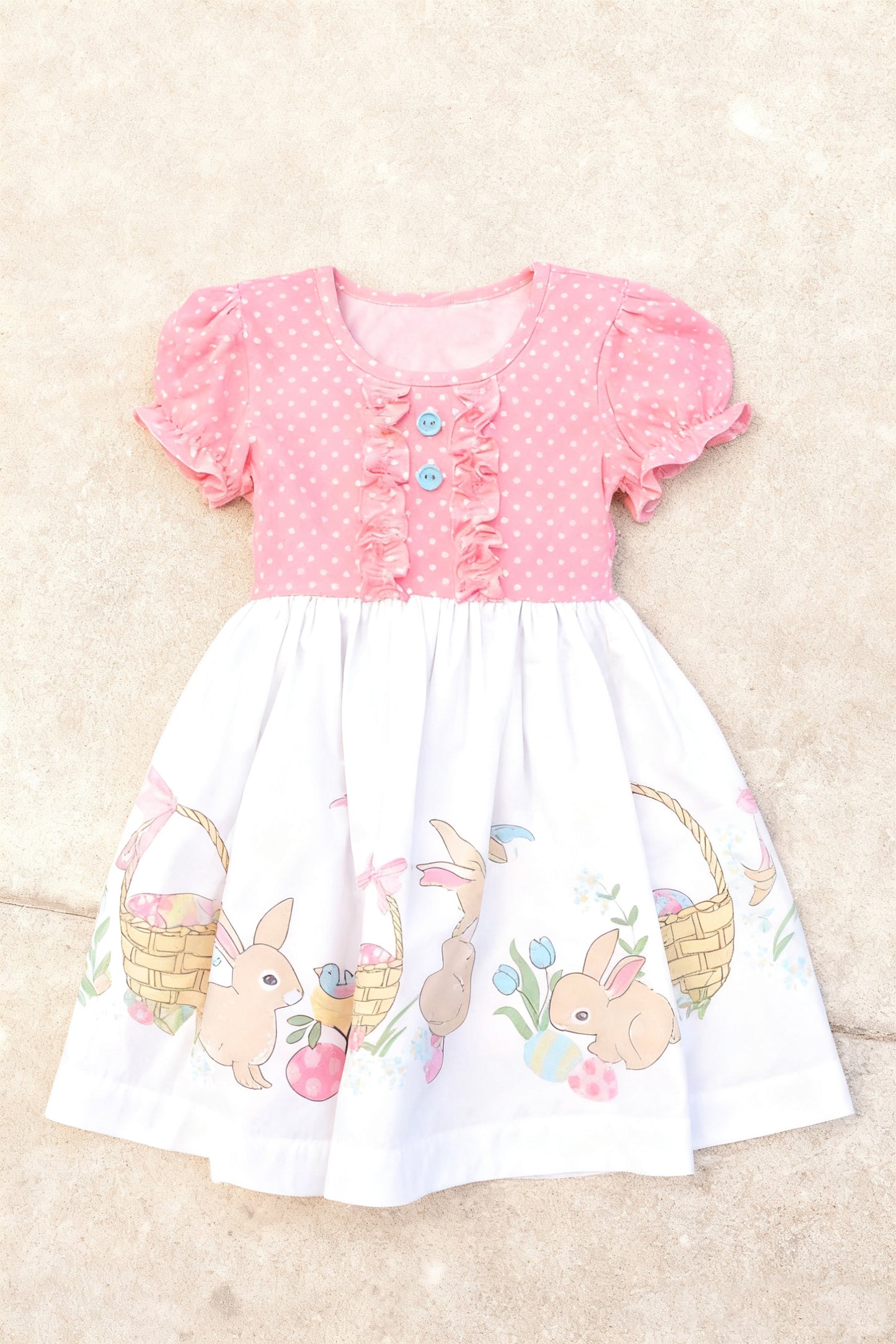 11.19 GSD3155 Pre order No Moq Baby Girls Polka Dots Rabbits Flowers Easter Button Knee Length Dresses