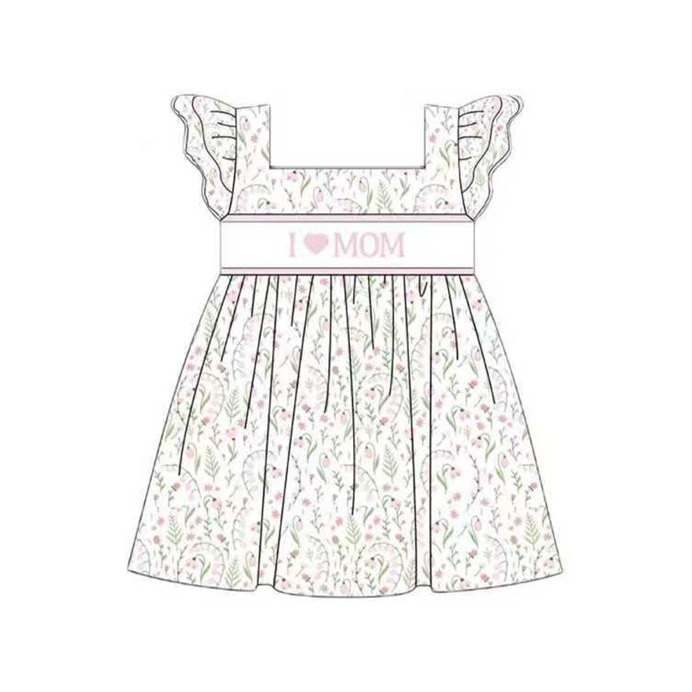 11.20 GSD3177 Pre order No Moq Baby Girls Pink I Love Mom Floral Flutter Sleeve Knee Length Dresses