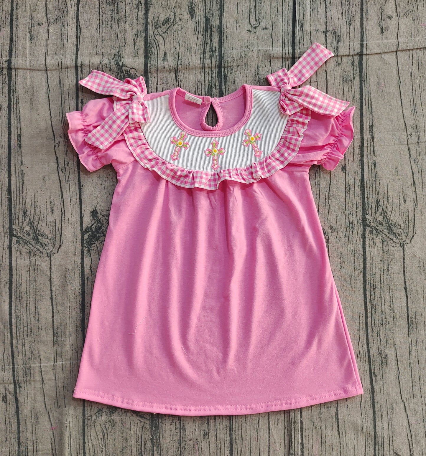 11.26 GSD3178 Sample No Moq Smocked Crosses Baby Girls Short Ruffle Sleeve Easter Knee Length Dresses