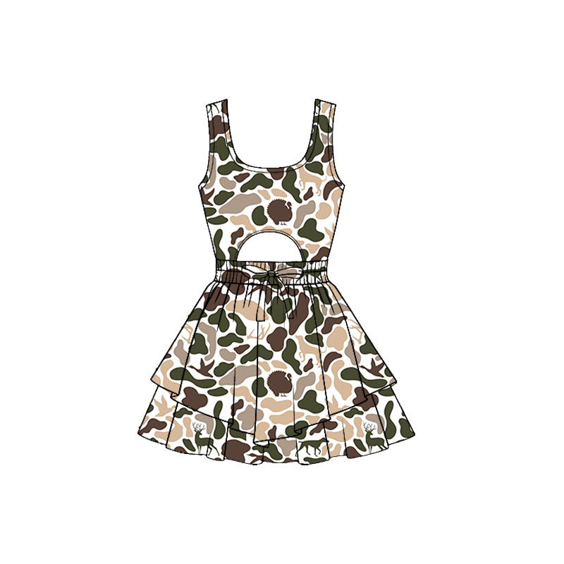 11.21 GSD3196 Pre order No Moq Yoga fabric Baby Girls Southern Ducks Deer Camo Sleeveless Vest Ruffle Bottom Yoga Shorts Knee Length Dresses