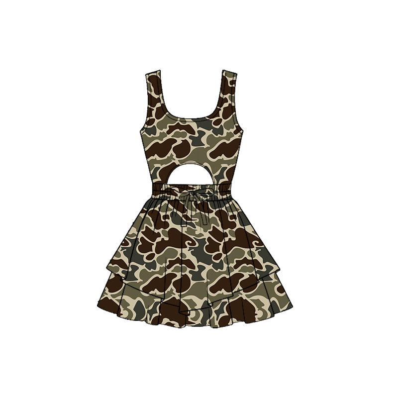 11.21 GSD3198 Pre order No Moq Yoga fabric Baby Girls Southern Ducks Deer Camo Sleeveless Vest Ruffle Bottom Yoga Shorts Knee Length Dresses